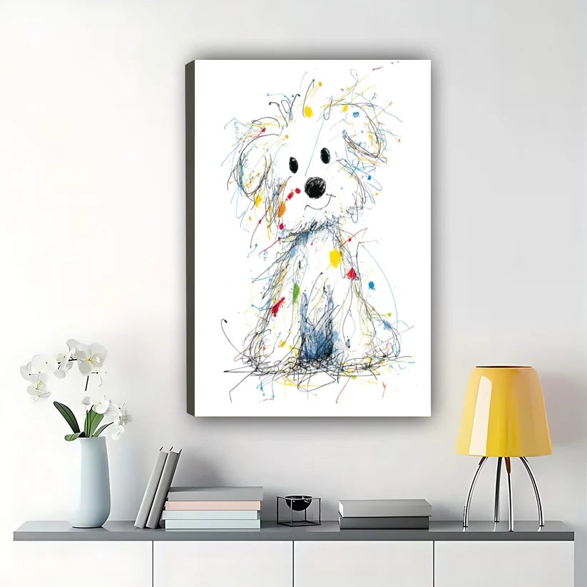 Colorful Scribble Style White Dog – Playful Abstract Wall Art on Natural Wood Canvas
