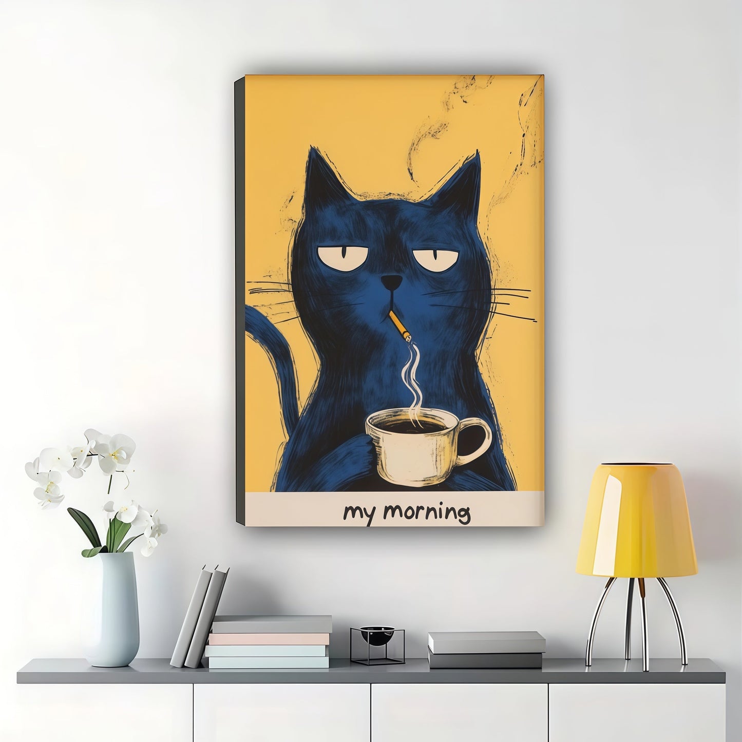 My Morning Blue Cat – Whimsical Coffee Cat Wall Art on Natural Wood Canvas