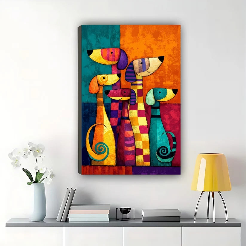 Colorful Abstract Dog Group Portrait – Vibrant Geometric Pet Wall Art on Natural Wood Canvas