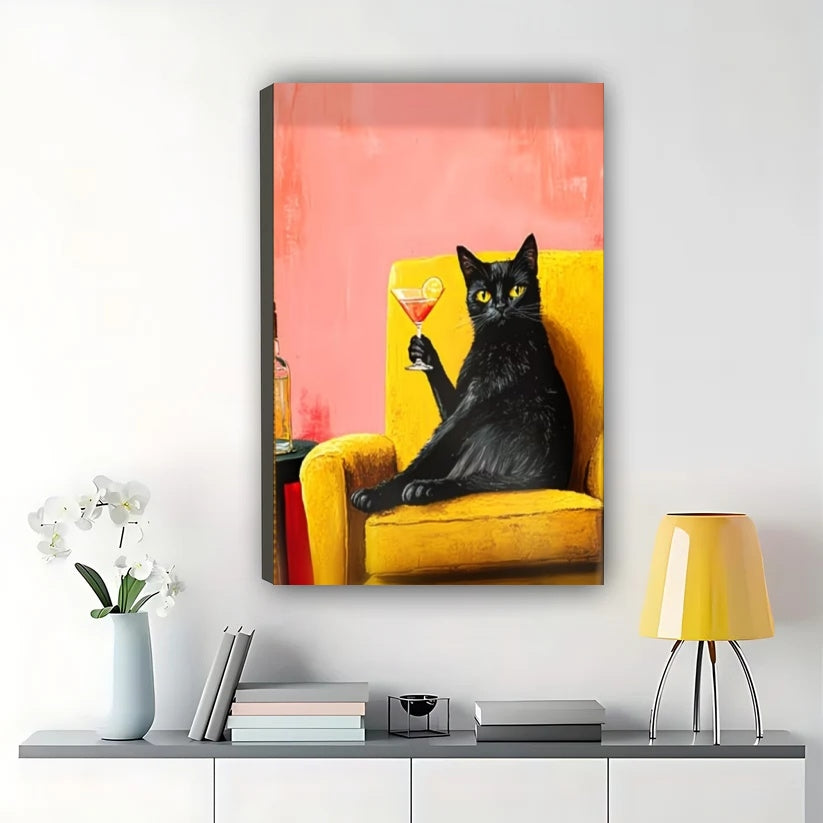 Retro Black Cat with Wine – Luxe Whimsical Wall Art on Natural Wood Canvas