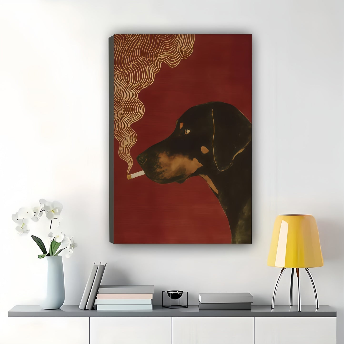 Smoking Doberman – Vintage Retro Dog Wall Art on Natural Wood Canvas