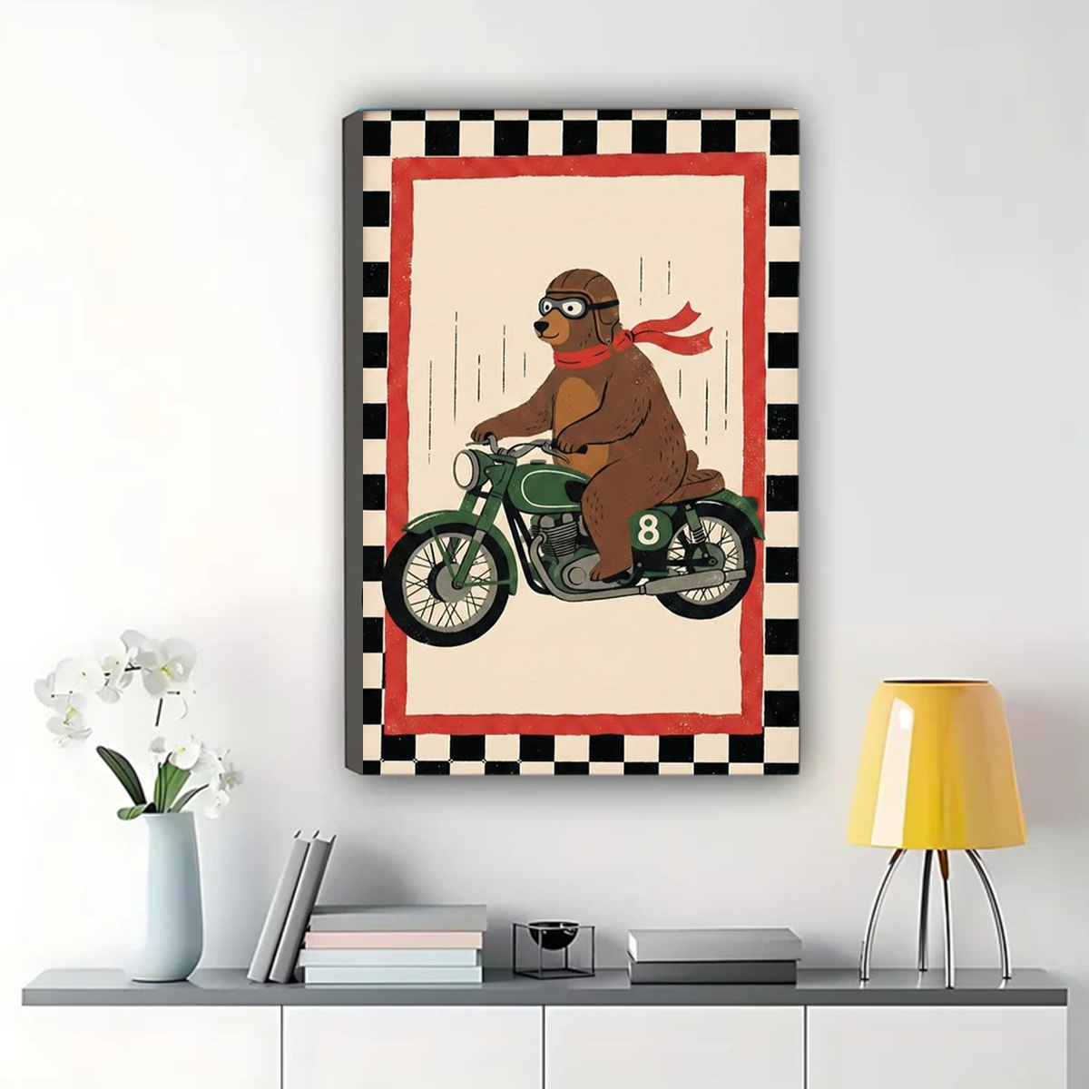 Bear on Motorcycle Wall Art – Retro Racing Animal Canvas