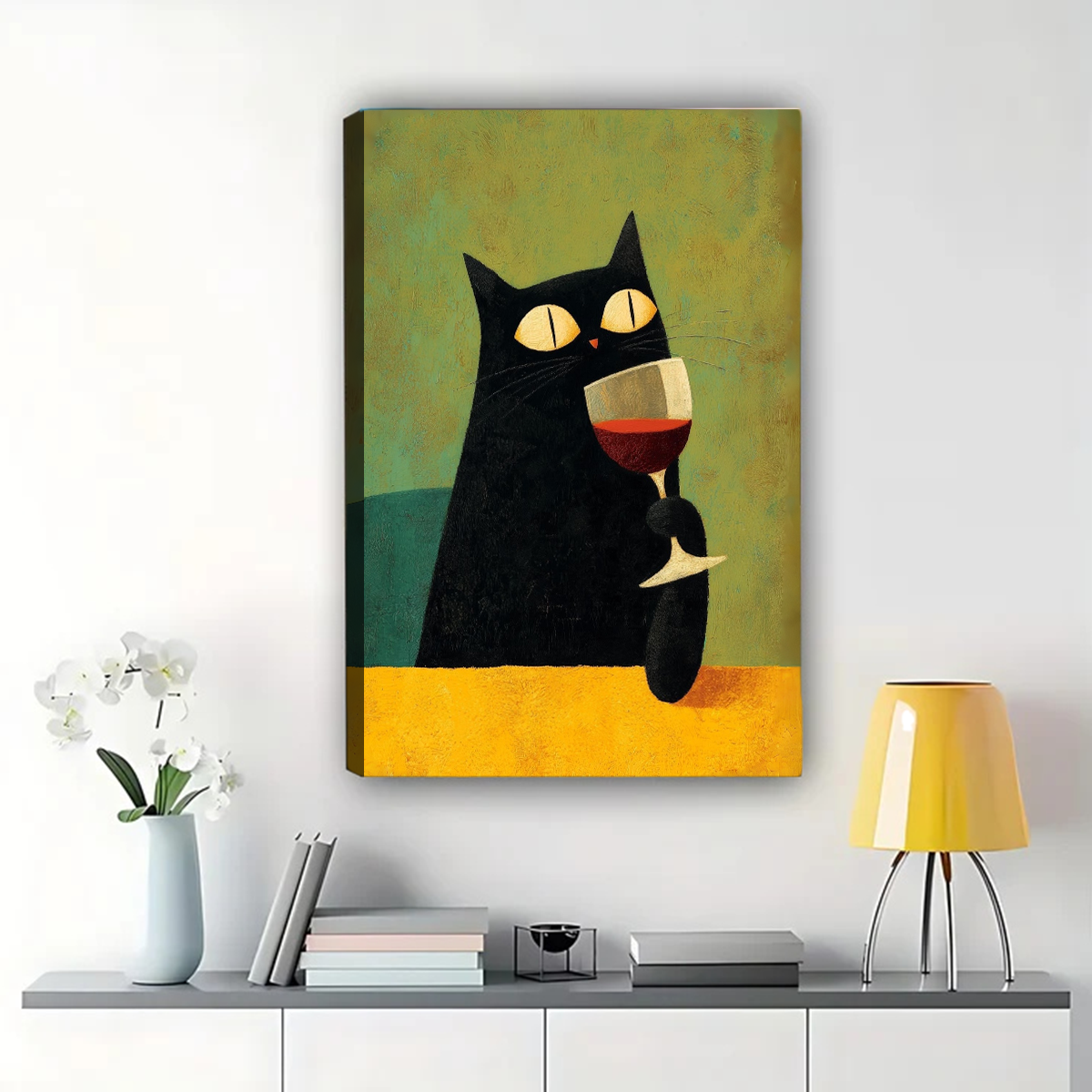Black Cat with Wine Glass Wall Art - Bold Colorful Print