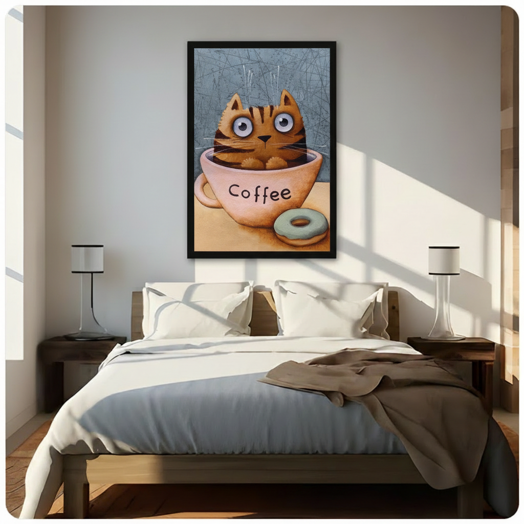 Cute Cat Coffee Cup Whimsical Canvas Wall Art