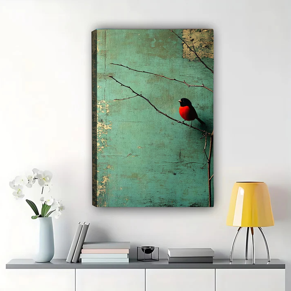 Red Robin on Branch Wall Art - Vintage Teal Print