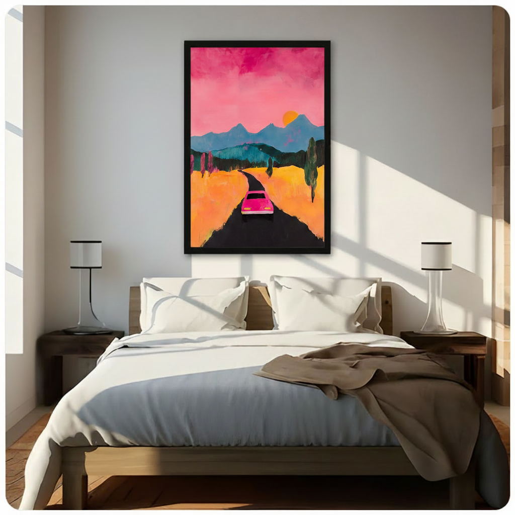 Neon Sunset Road Trip Framed Canvas Wall Art