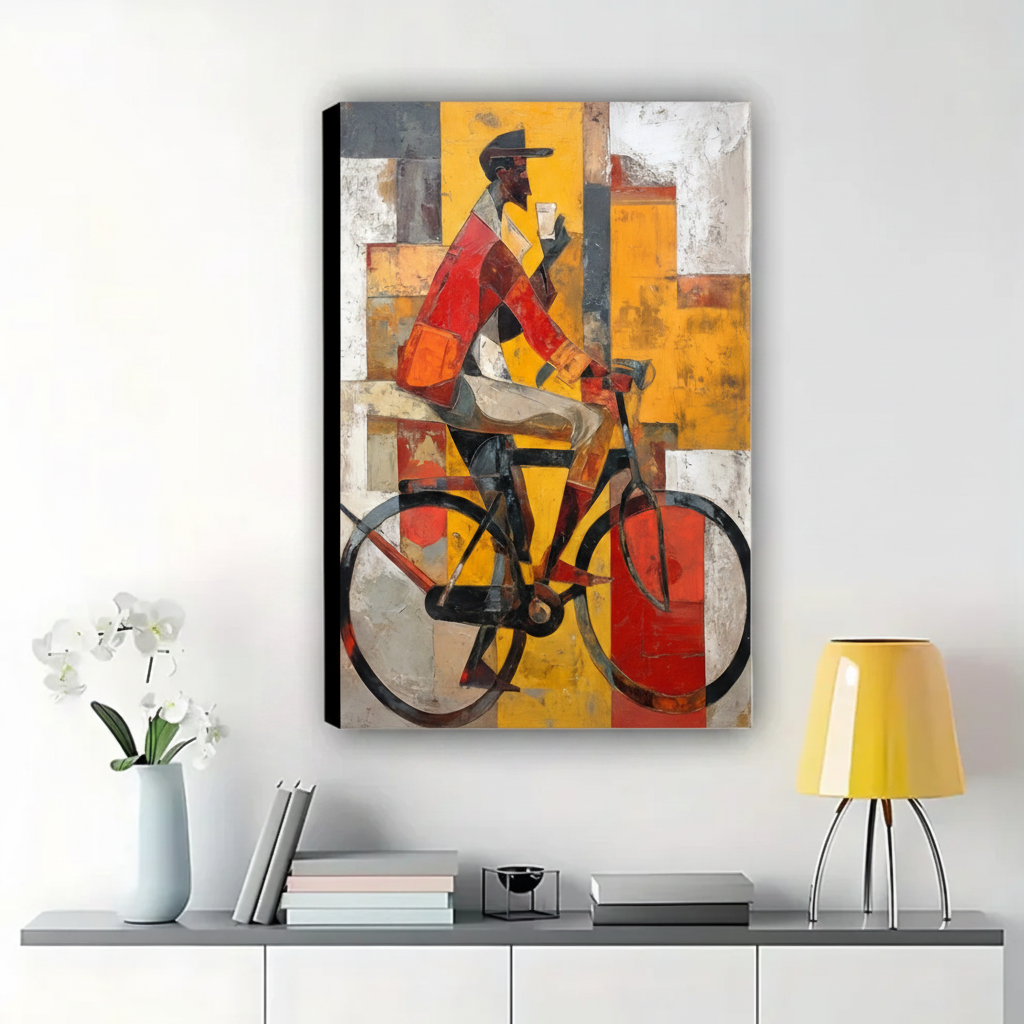 Cyclist in the City Wall Art – Bold Cubist Abstract Canvas Print on Natural Wood Frame