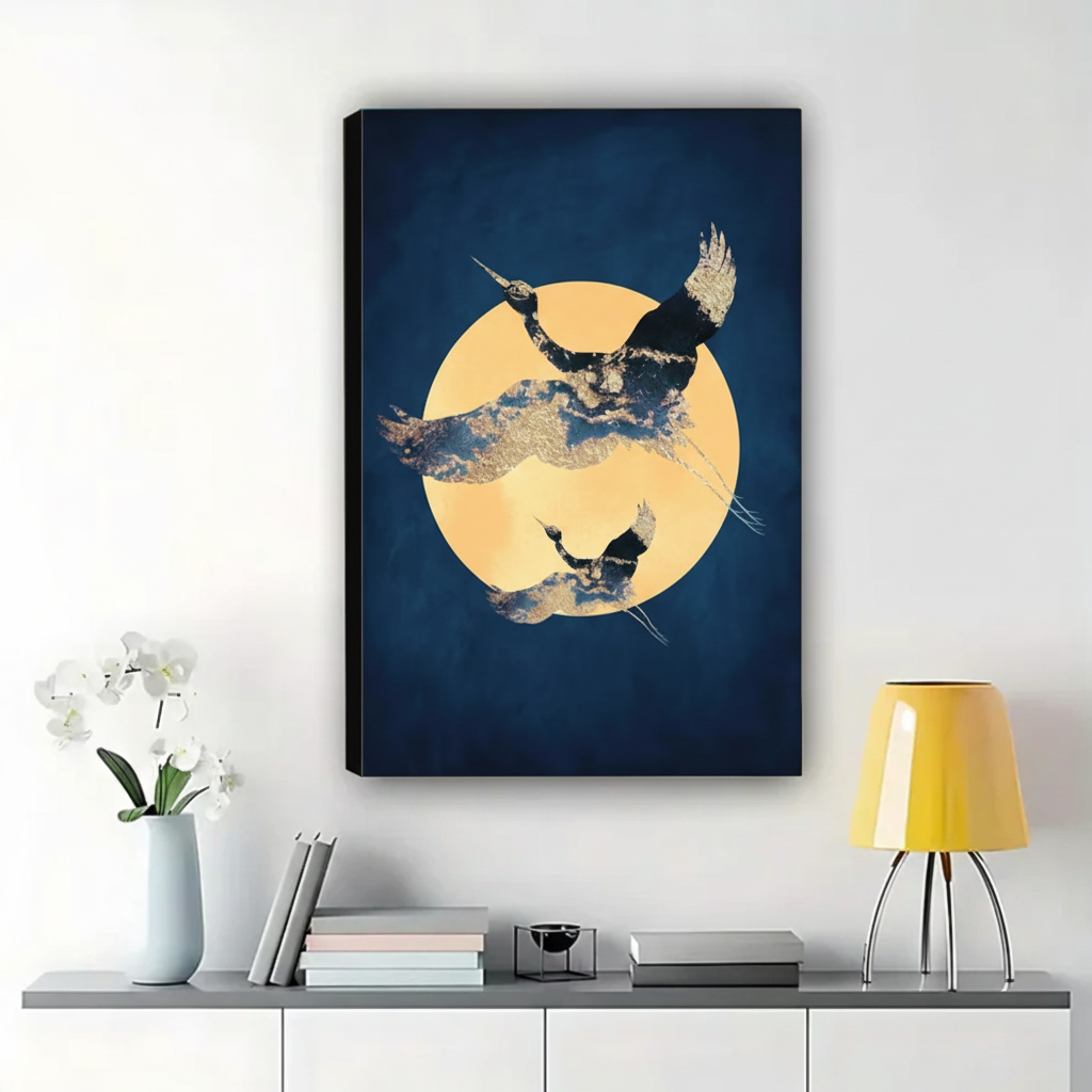 Golden Cranes Under the Moon Wall Art – Dark Canvas Print on Natural Wood Frame