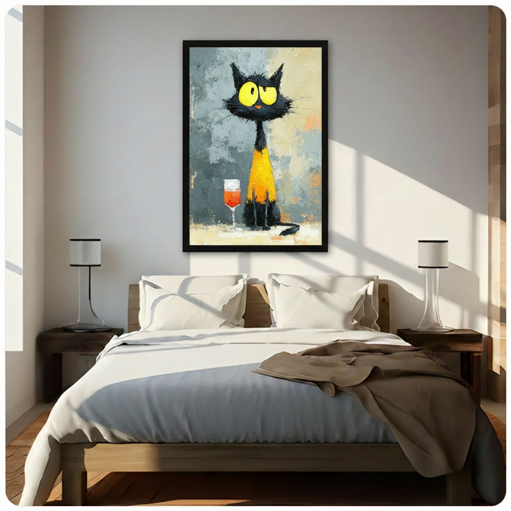 Black Cat Wine Glass Impasto Canvas Wall Art