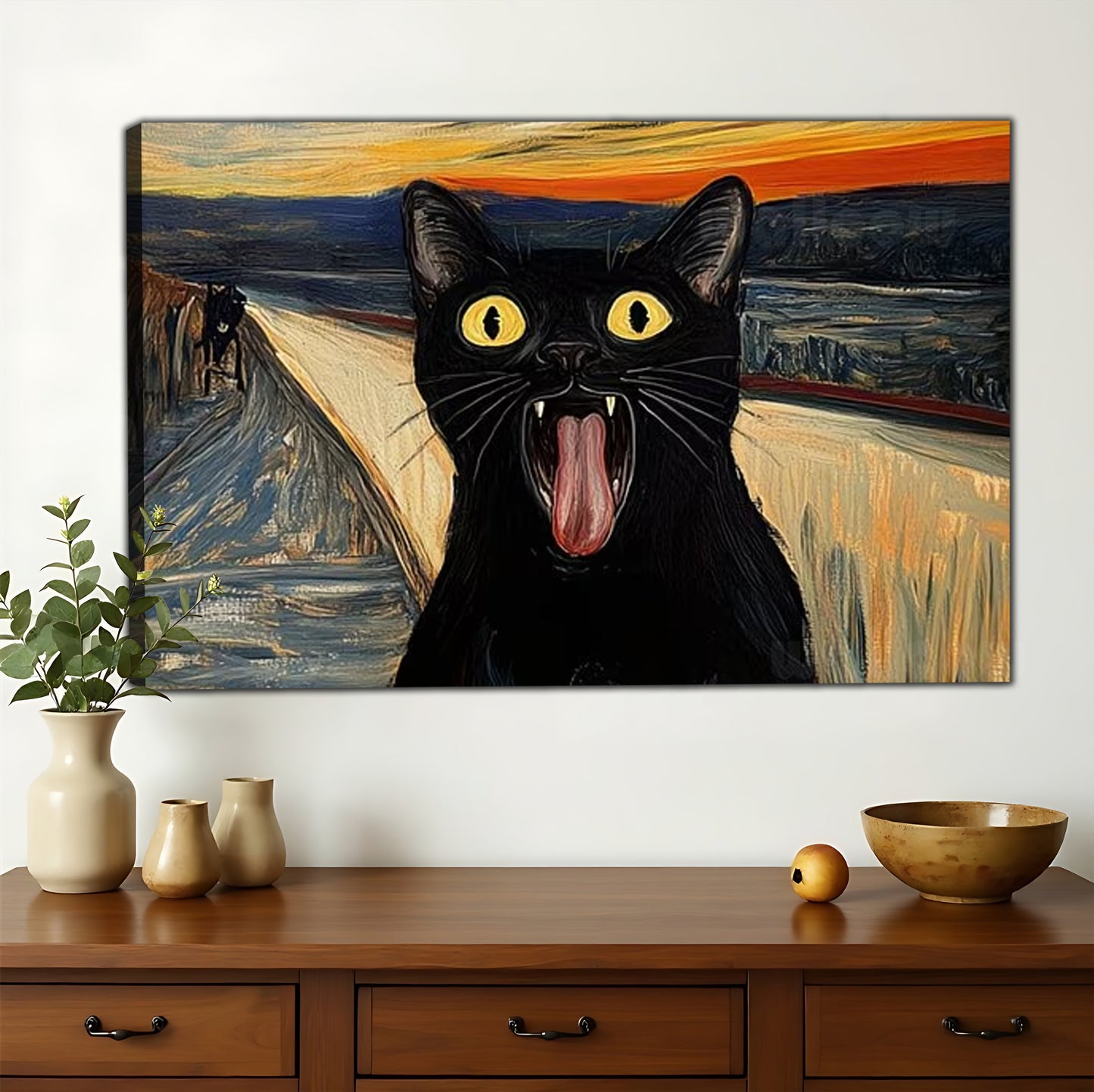Funny Black Cat “The Scream” Parody – Whimsical Art Wall Art on Natural Wood Canvas