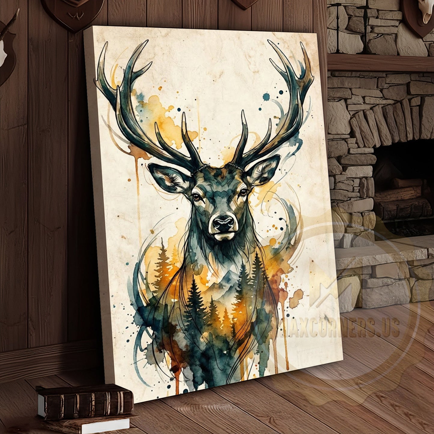 Watercolor Deer Canvas Wall Art - Golden Autumn Forest Scene
