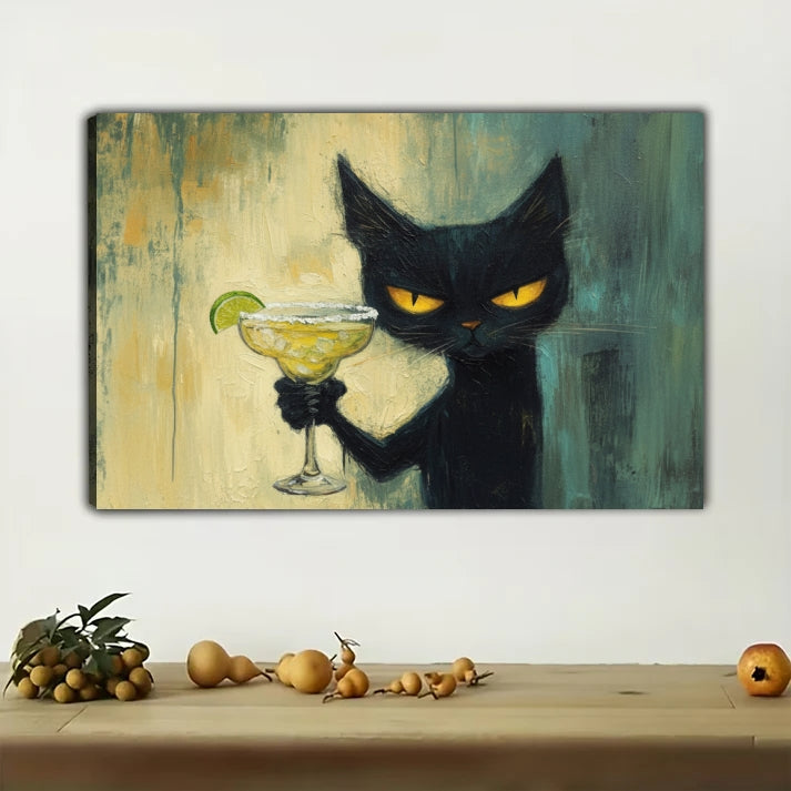 Black Cat Margarita Canvas Wall Art - Funny Cat Cocktail Print