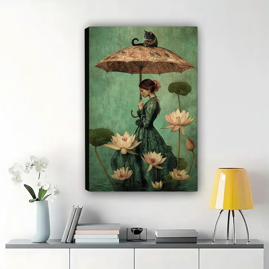 Lady with Cat Umbrella in the Lotus Pond Wall Art – Dark Romantic Oil Painting Canvas Print on Natural Wood Frame