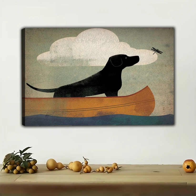 Black Lab in Canoe Wall Art - Vintage Dog Adventure Print