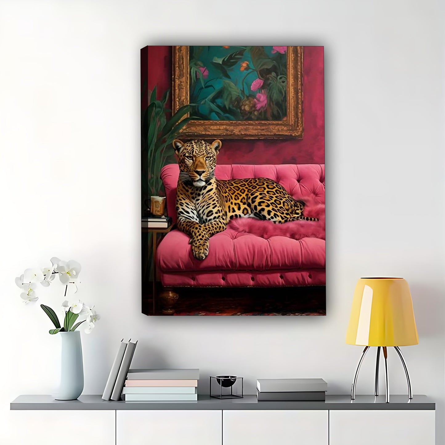 The Luxe Leopard on Pink Sofa – Retro Glam Wall Art on Natural Wood Canvas