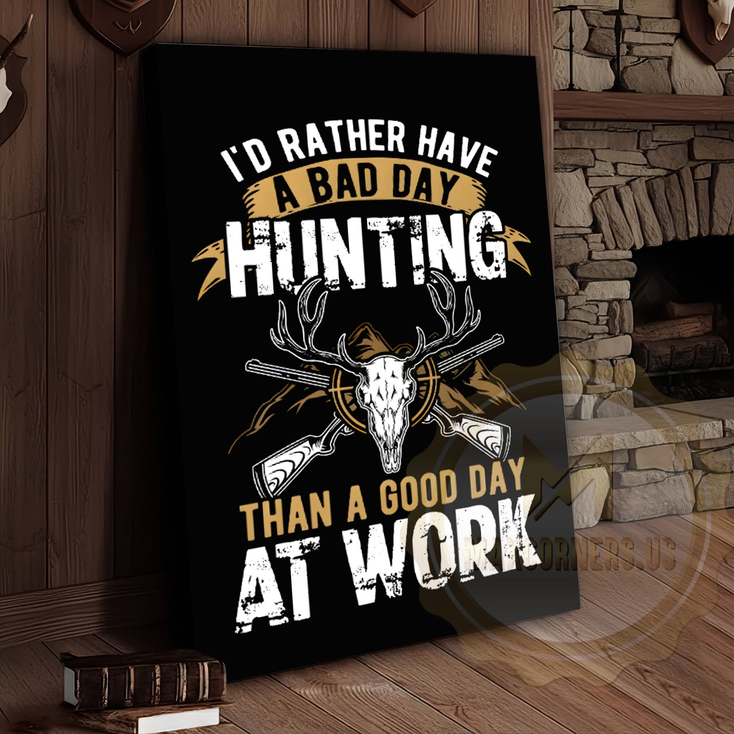 Hunting Quote Canvas Wall Art - Rather Hunt Than Work Skull Decor