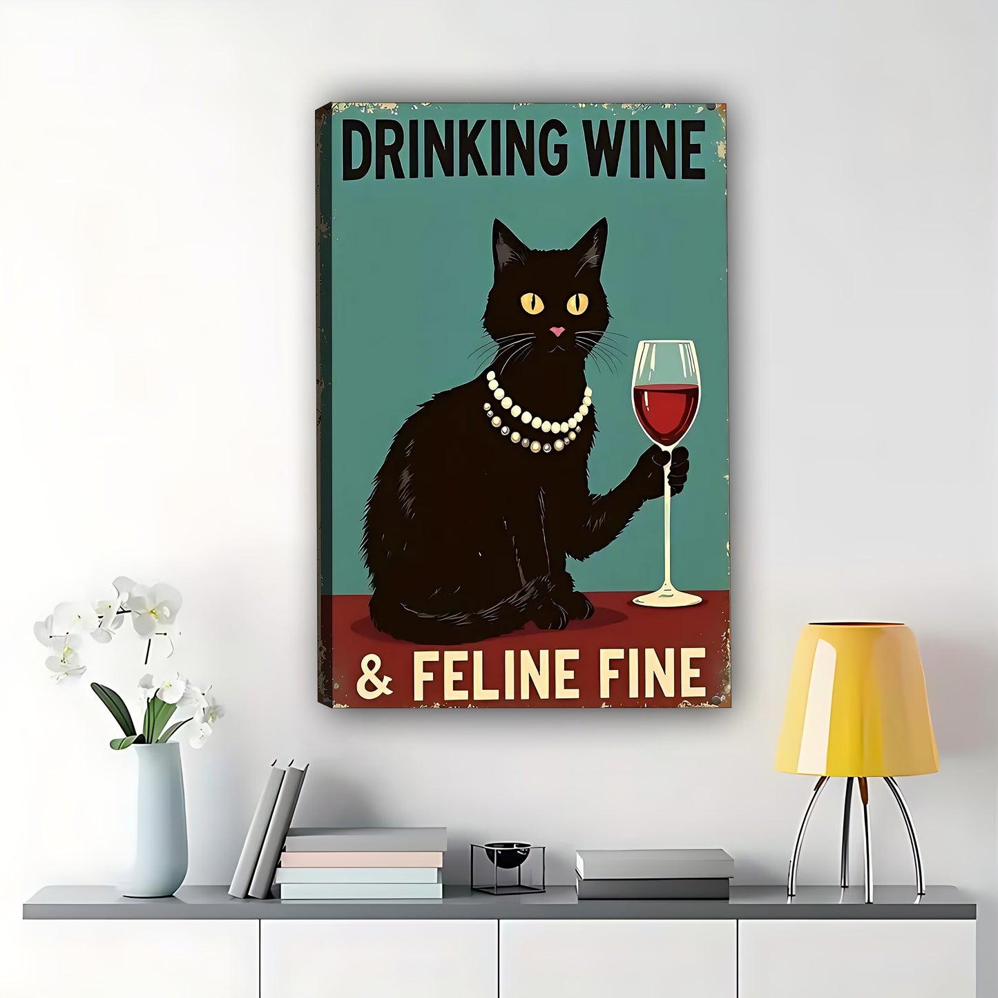 The Wine-Loving Feline Fine Cat – Retro Chic Wall Art on Natural Wood Canvas
