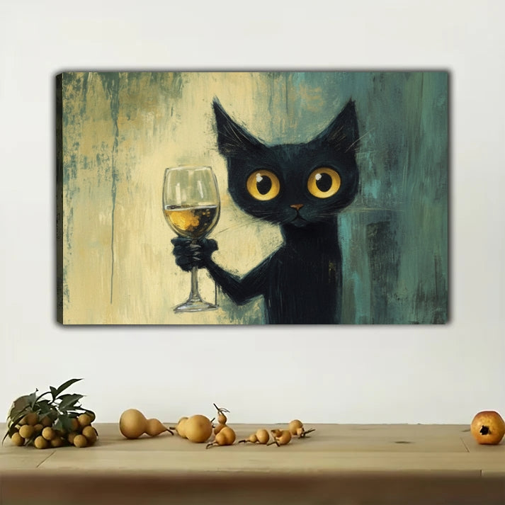 Surprised Black Cat Wine Canvas Art - Quirky Cat Wall Decor