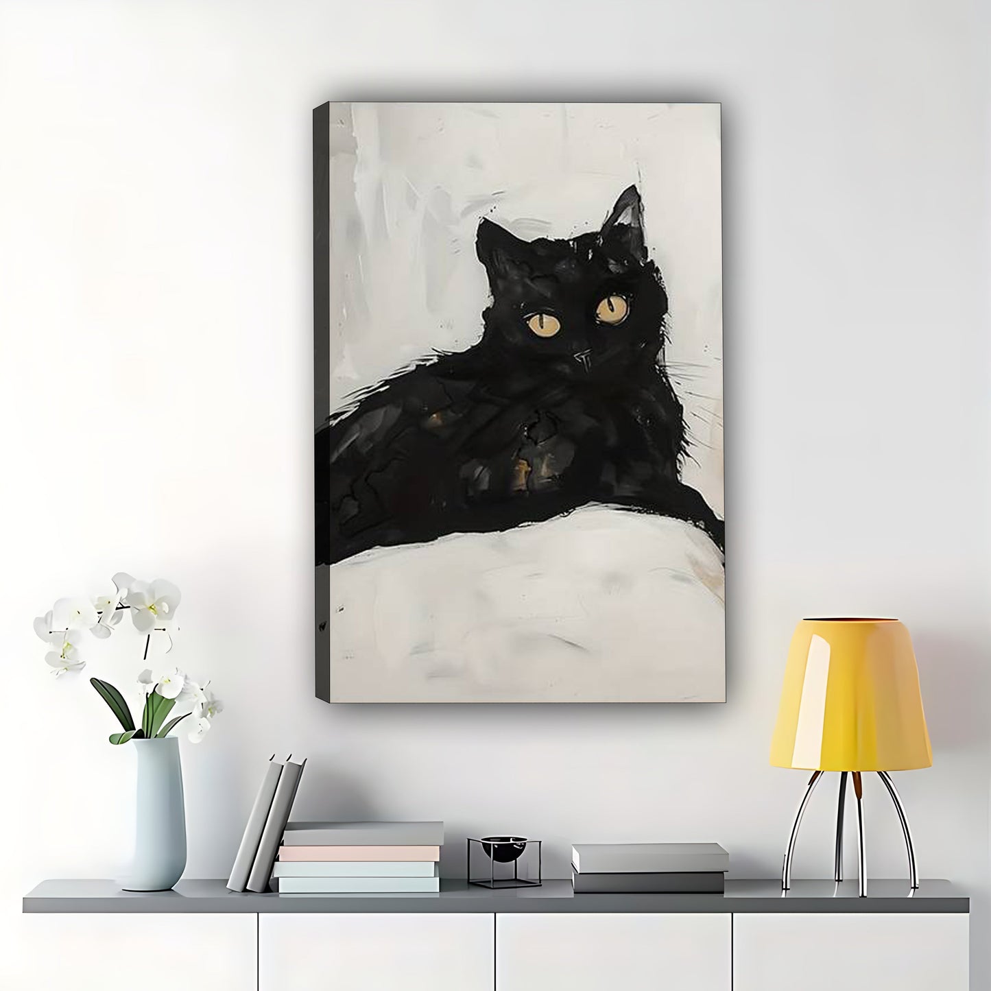 The Lazy Monochrome Black Cat – Minimalist Art Wall Decor on Natural Wood Canvas