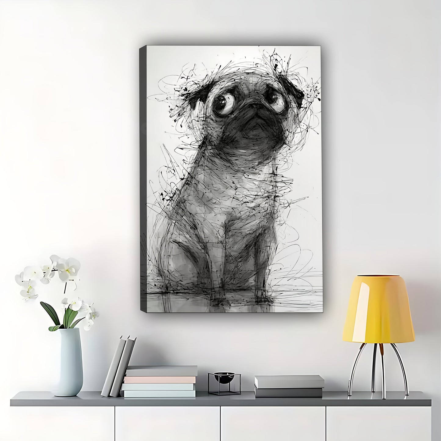 The Sketch-Style Pug – Minimalist Line Art Wall Art on Natural Wood Canvas