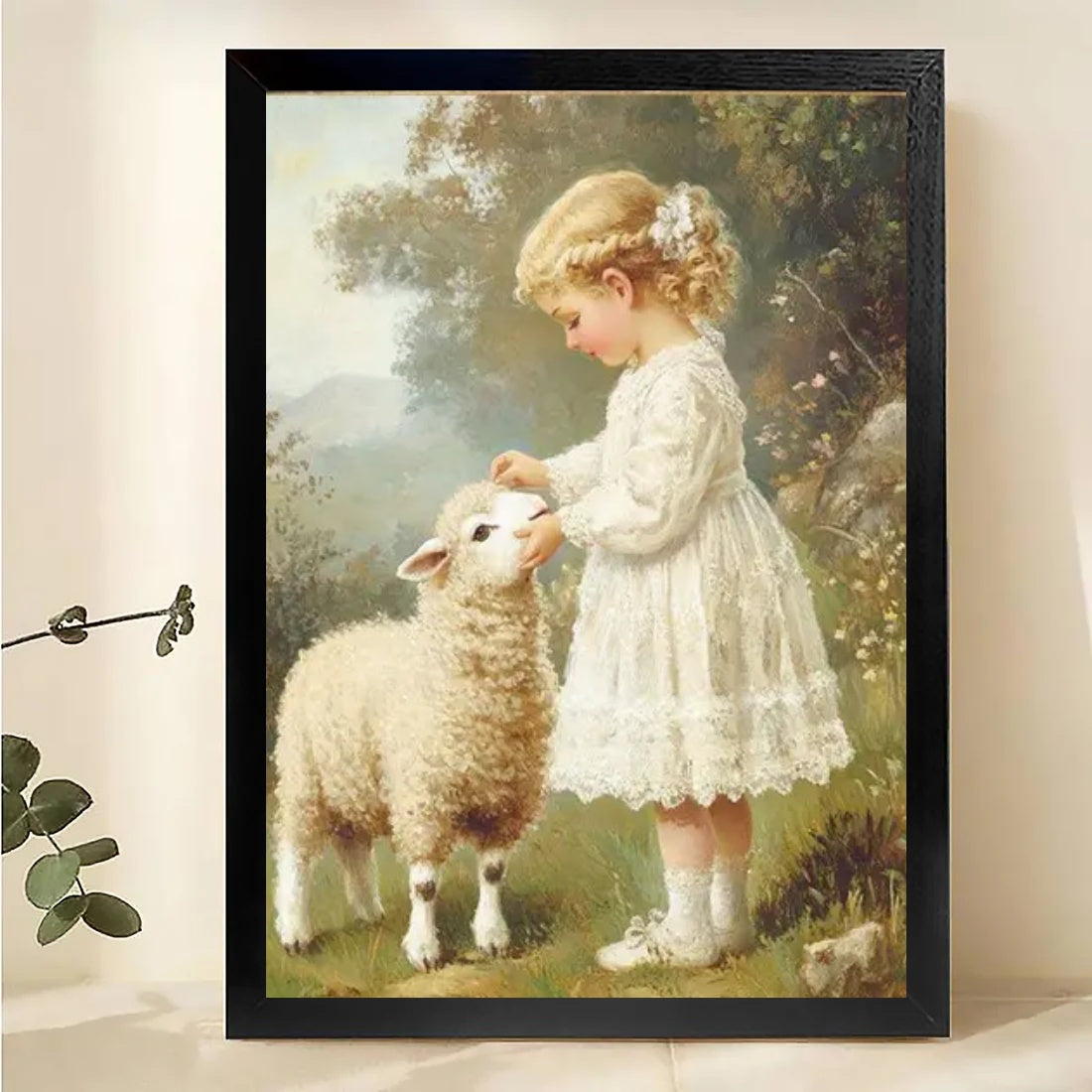 The Girl Lamb Encounter – Pastoral Vintage Wall Art on Natural Wood Canvas