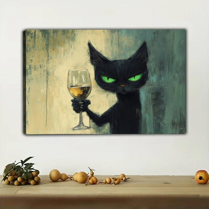 Mysterious Black Cat Wine Art Print - Elegant Feline Canvas Decor