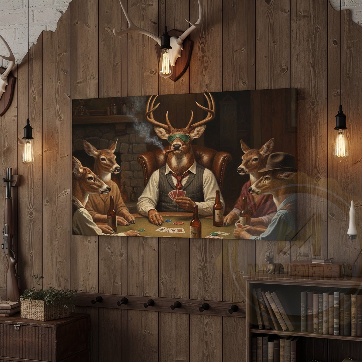 Deer Hunter Holding Rifle beside Fireplace Wrapped Canvas