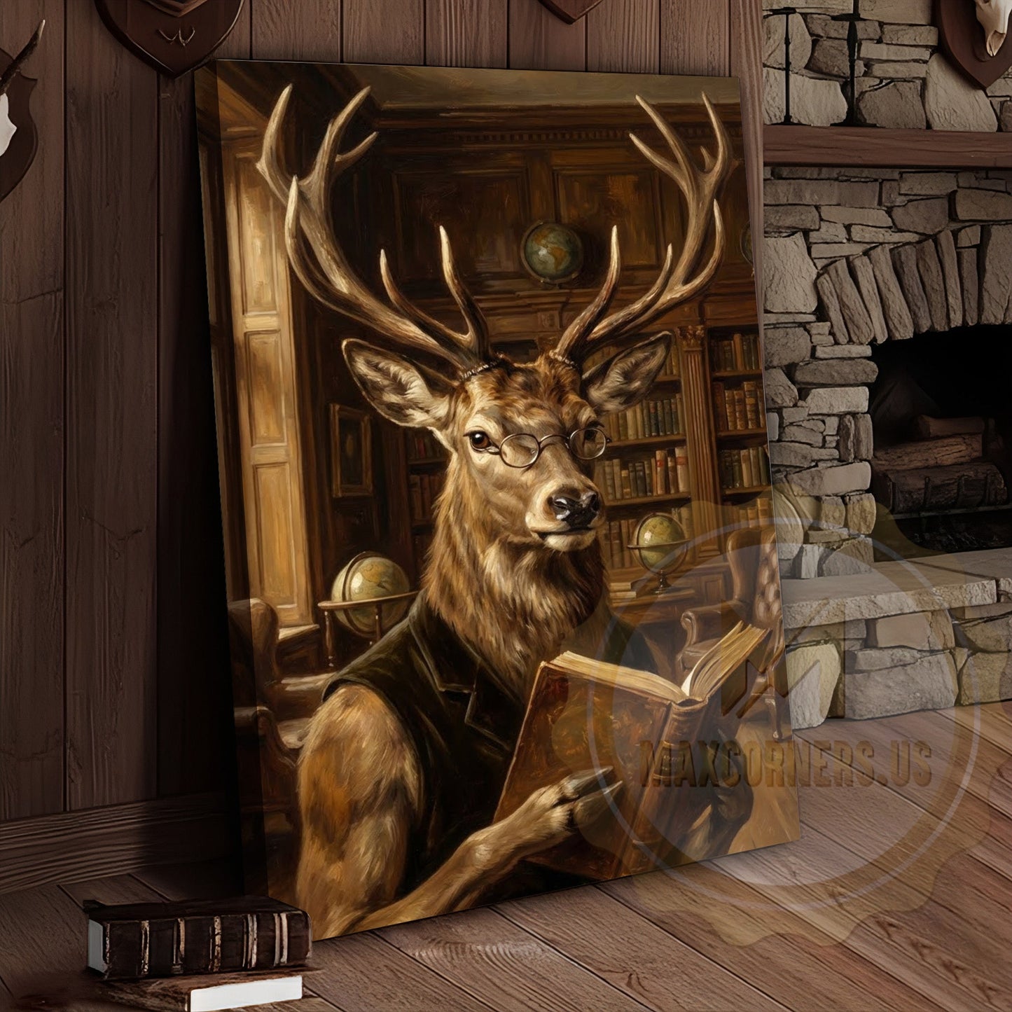 Intellectual Deer Canvas Art - Reading Stag in Library Print