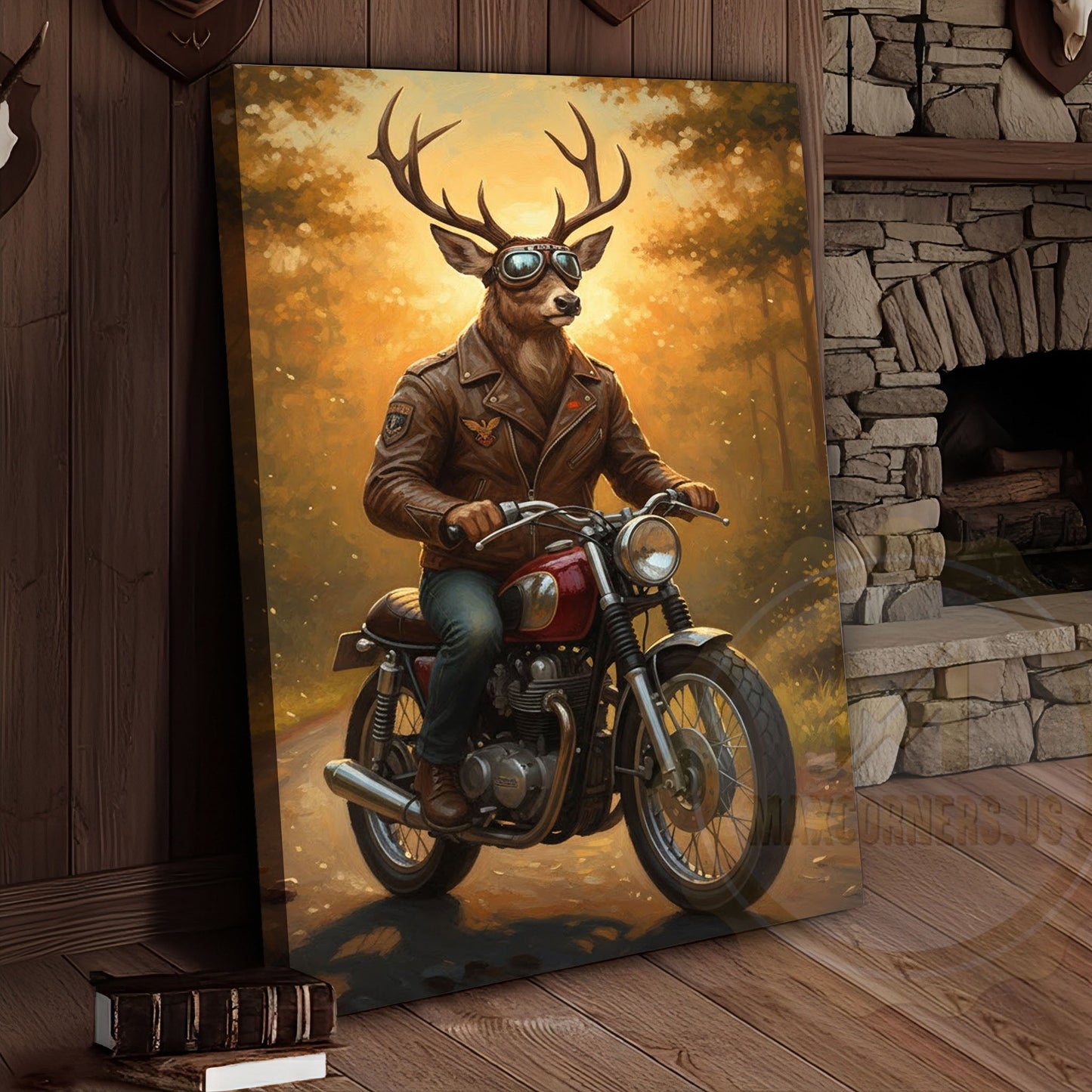 Deer Biker in Leather Jacket Riding Motorcycle Wrapped Canvas