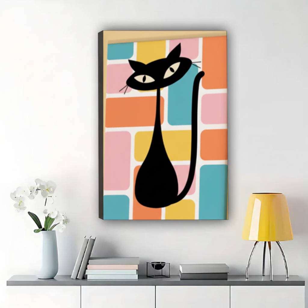 The Bold Geometric Cat – Modern Abstract Wall Art on Natural Wood Canvas