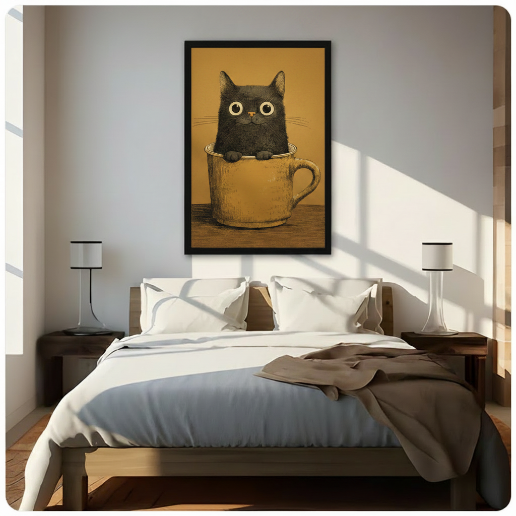 Black Cat in Teacup Vintage Canvas Wall Art
