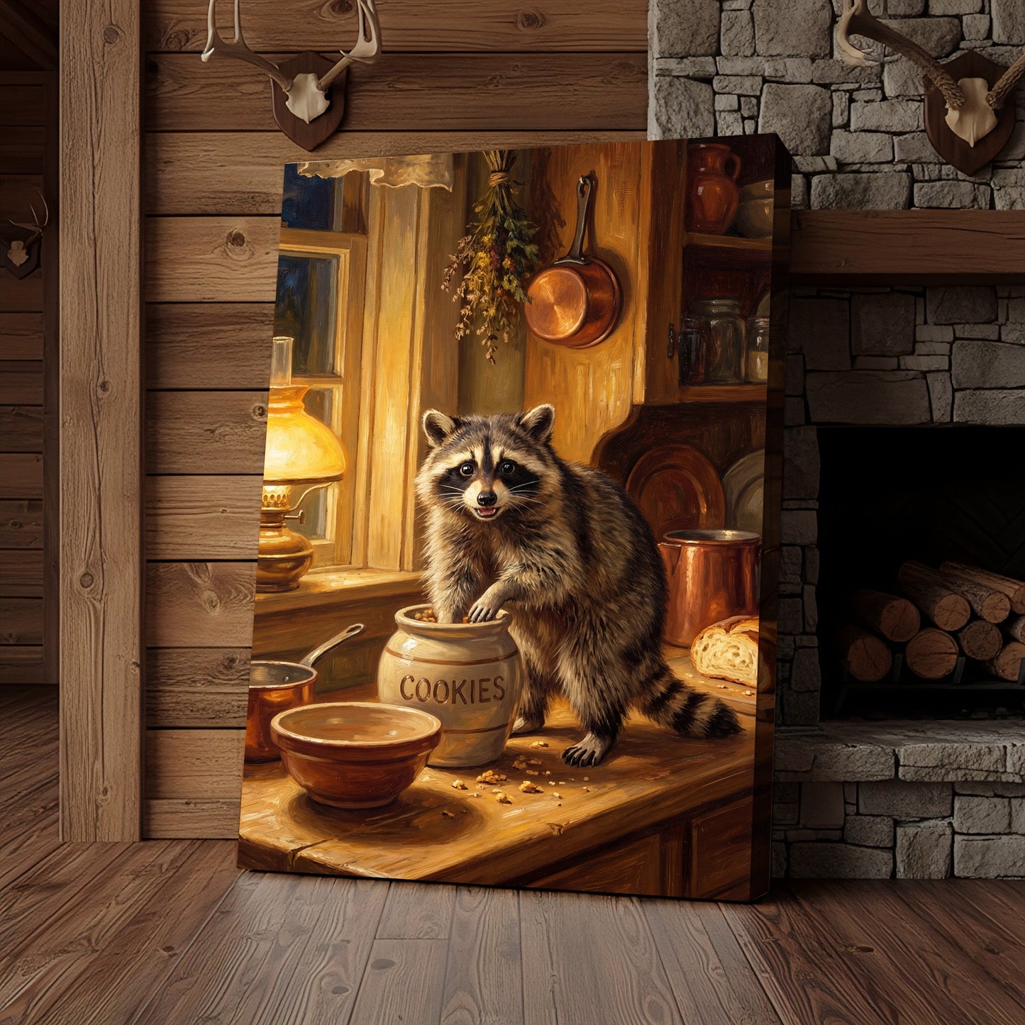 Raccoon in Rustic Kitchen Stealing Cookies Warm Light Canvas Wall Art