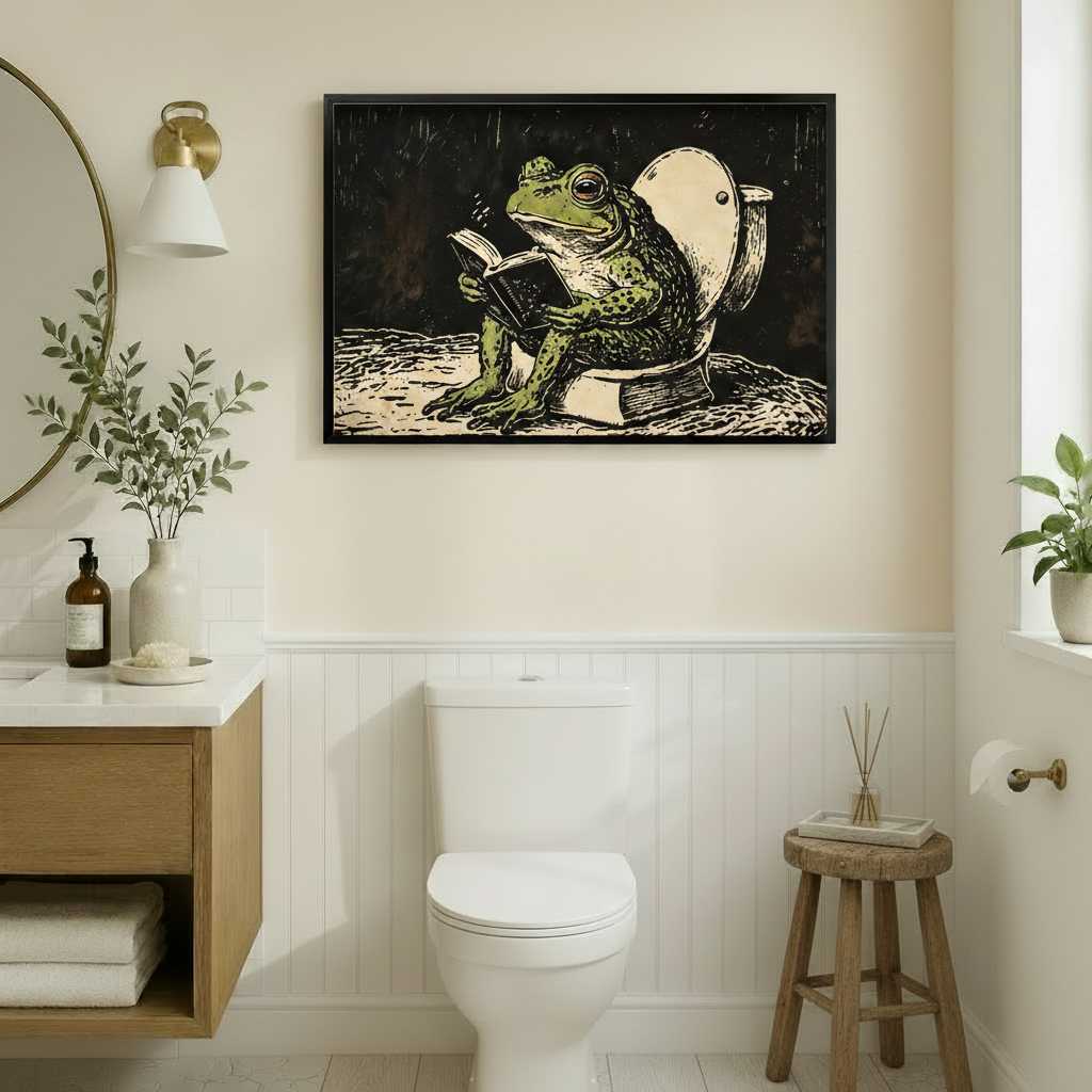 Frog Reading on Toilet Canvas Art Wall Art