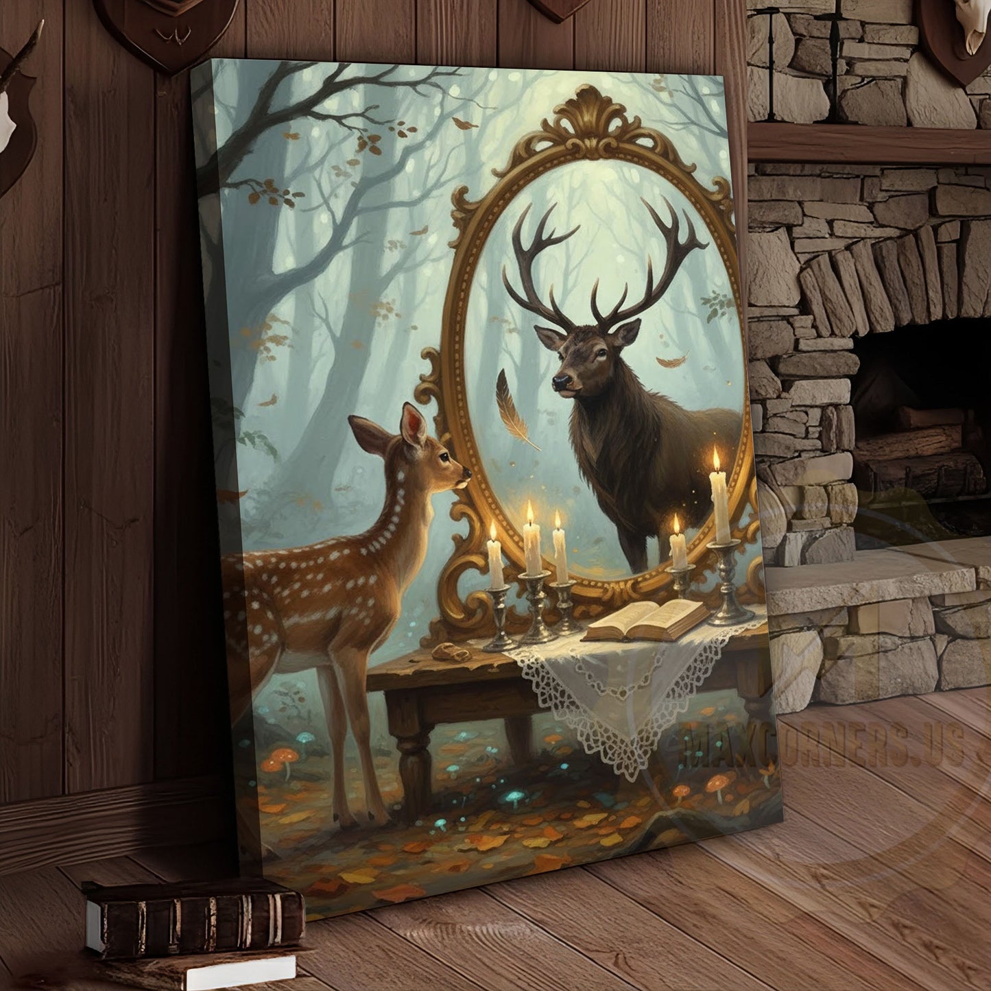 Deer Fawn Looking in Magic Mirror Forest Scene Wrapped Canvas