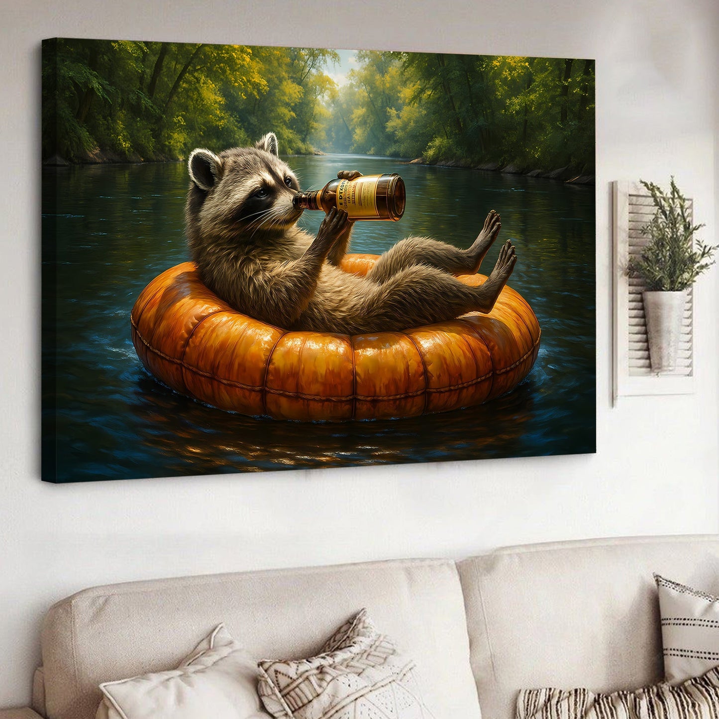 Funny Drunk Raccoon Canvas Wall Art – Chill Gift for Men, Husband, or Hunter, Rustic Cabin Decor