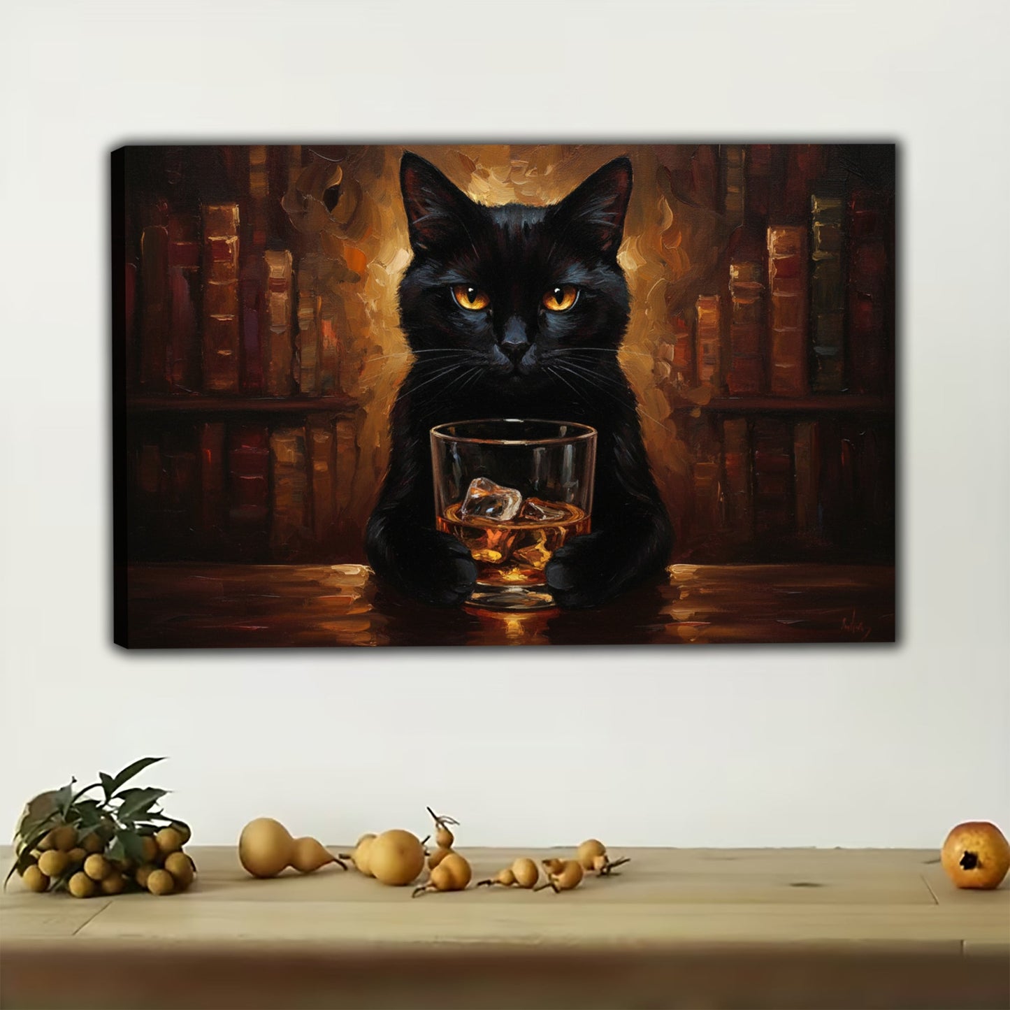 The Whiskey-Sipping Black Cat – Vintage Elegant Wall Art on Natural Wood Canvas