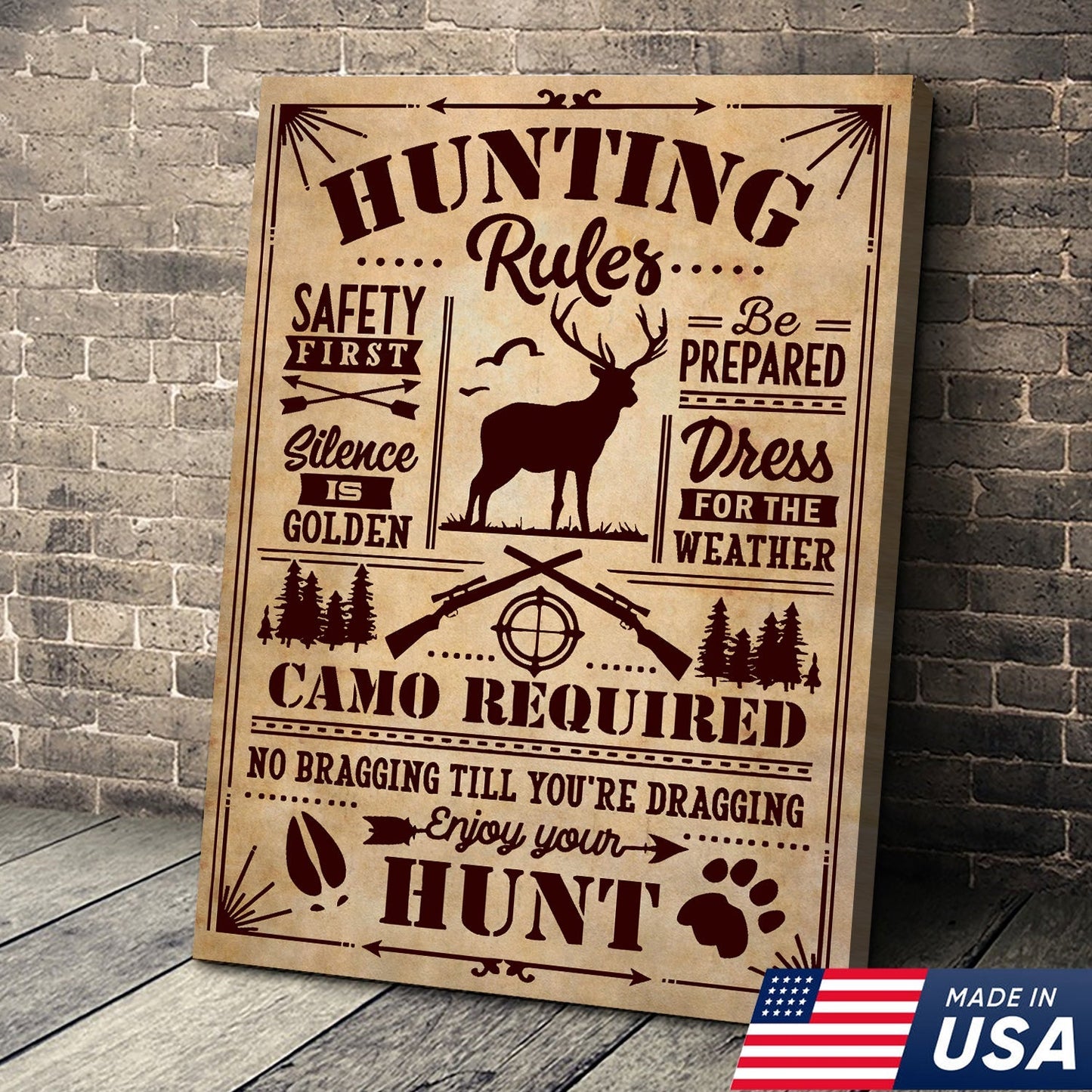 Hunting Rules Wall Art Canvas – Rustic Deer Hunting Lodge Decor – Safety First, Camo Required, Enjoy Your Hunt
