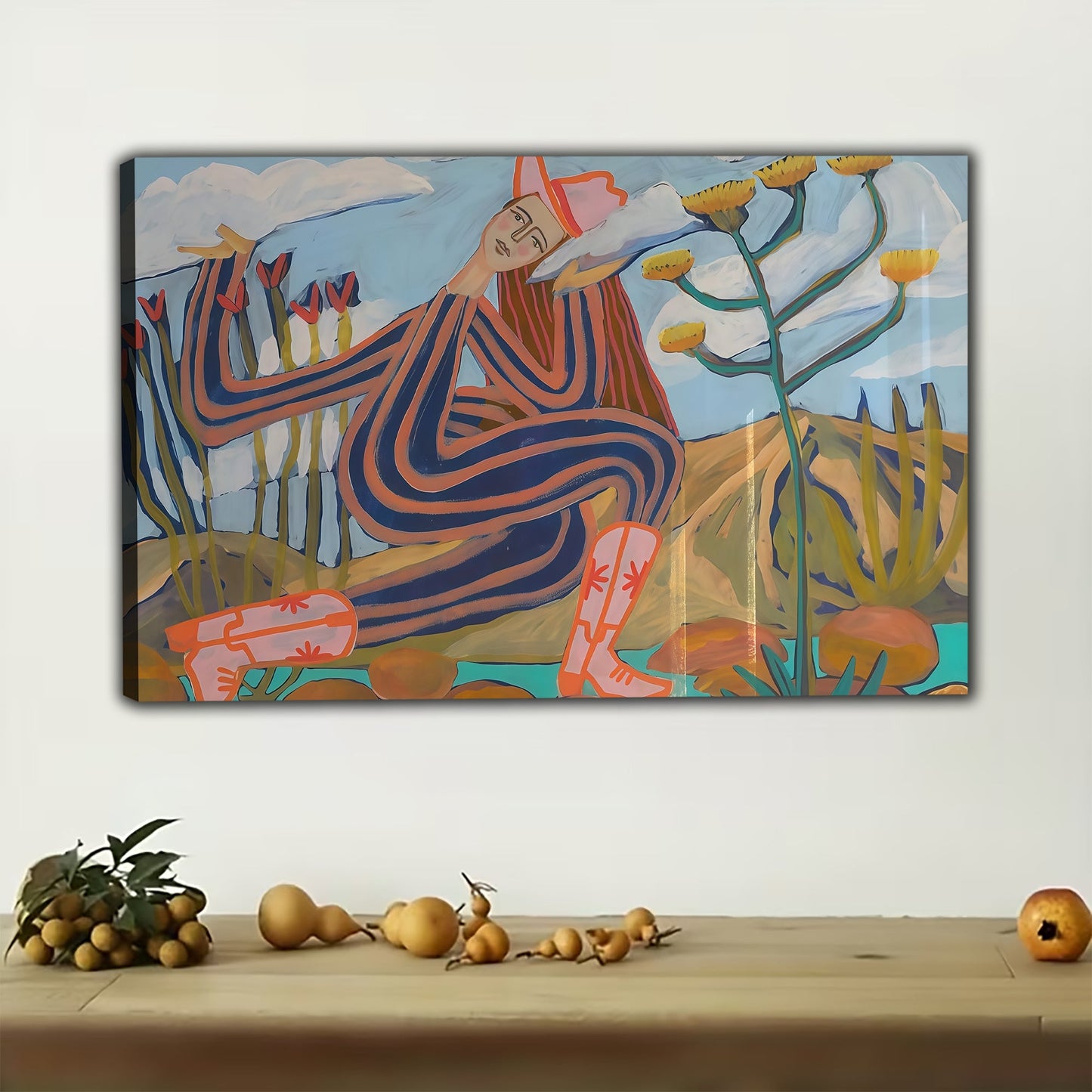 The Abstract Desert Figure – Bohemian Art Wall Decor on Natural Wood Canvas