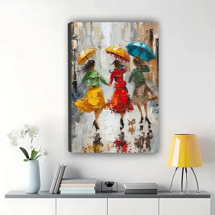 Rainy Day Ladies Canvas Art – Colorful Umbrellas Impressionist Wall Print