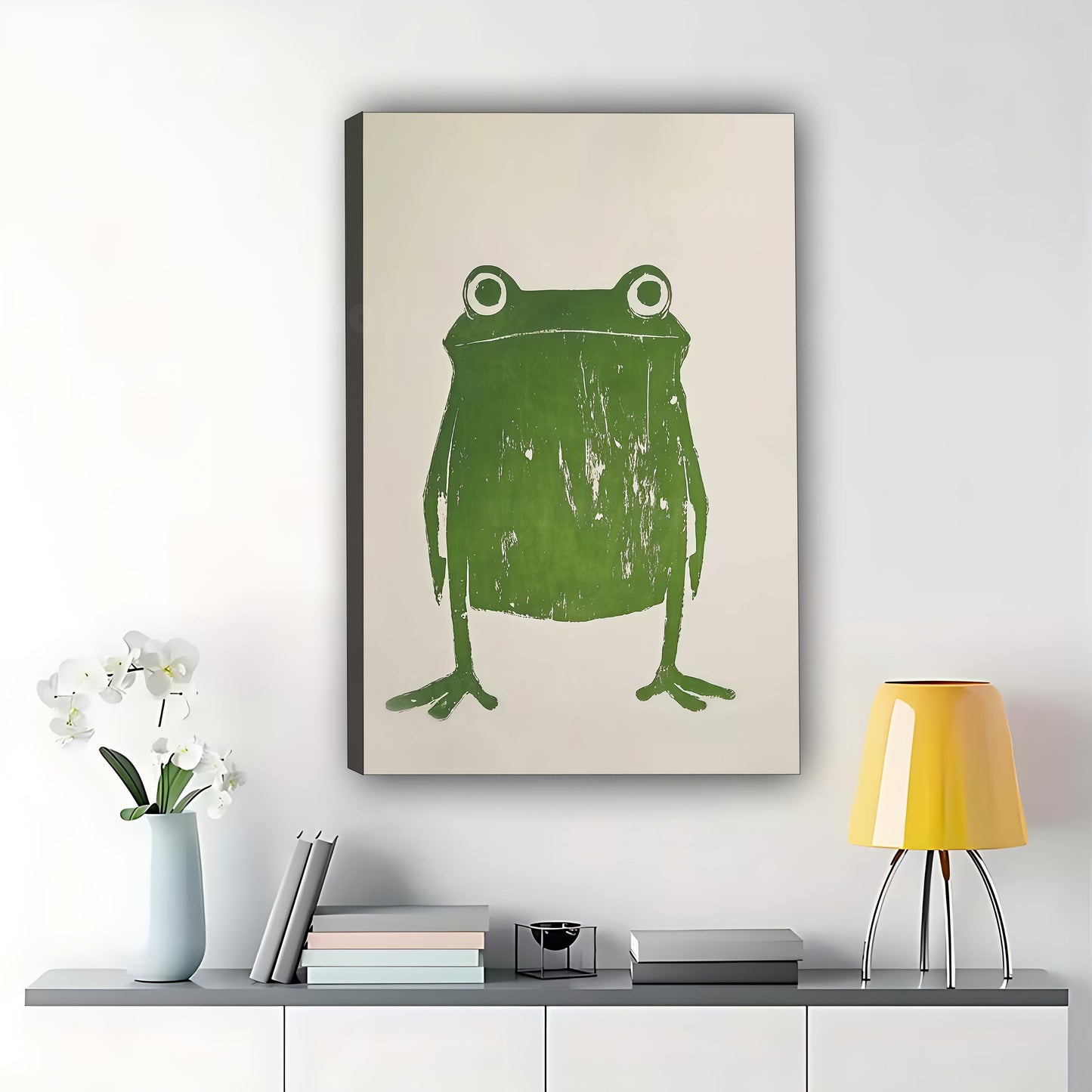 The Minimalist Line Art Green Frog – Sleek Modern Wall Art on Natural Wood Canvas