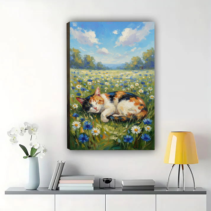 Calico Cat in Wildflower Meadow Wall Art - Spring Landscape Print