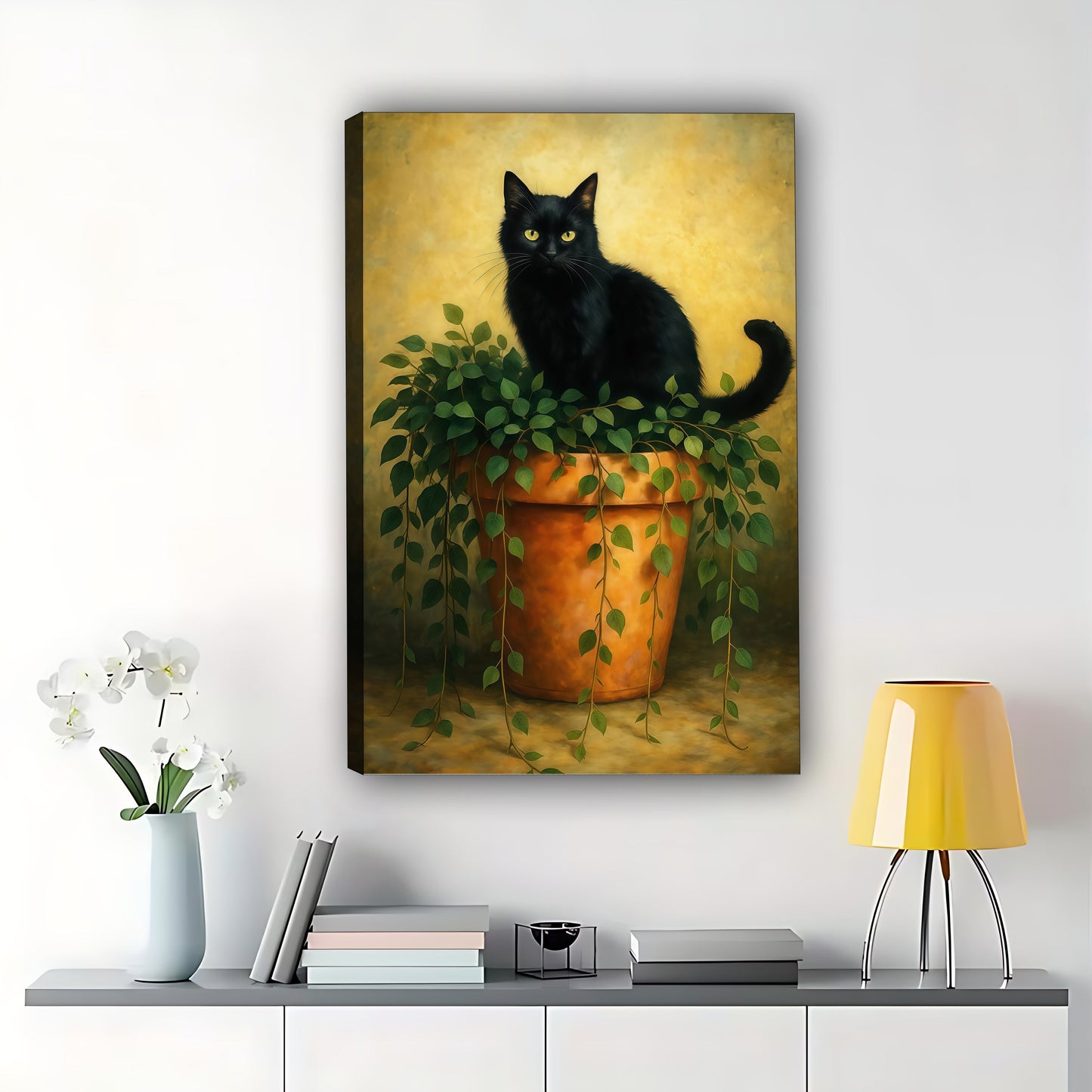 The Black Cat On Potted Plant – Vintage Rustic Wall Art on Natural Wood Canvas