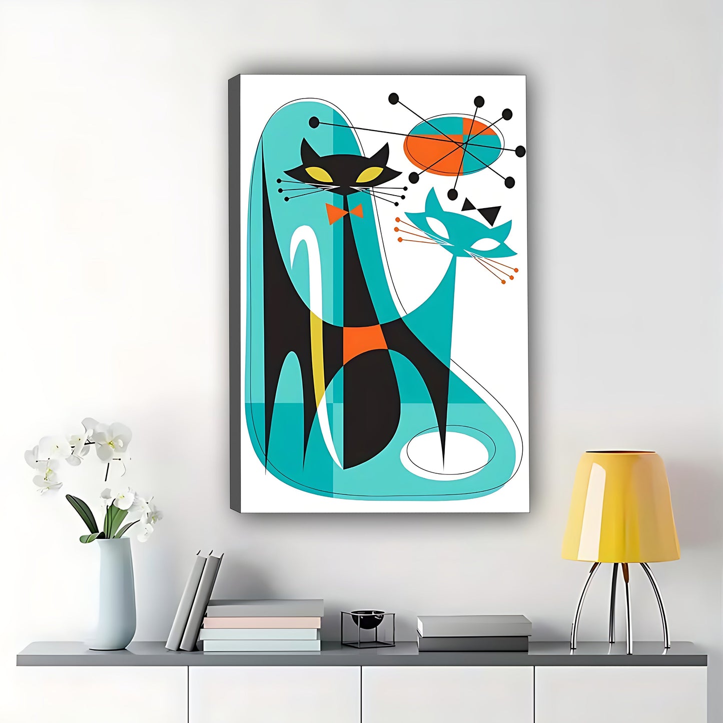 The Abstract Geometric Black Cat – Modern Feline Wall Art on Natural Wood Grain Canvas