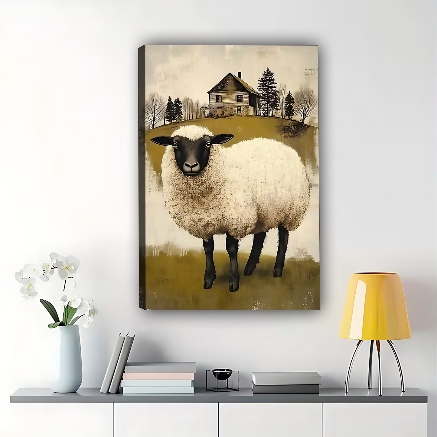 Single Fluffy Sheep – Rustic Farm Animal Wall Art on Natural Wood Canvas