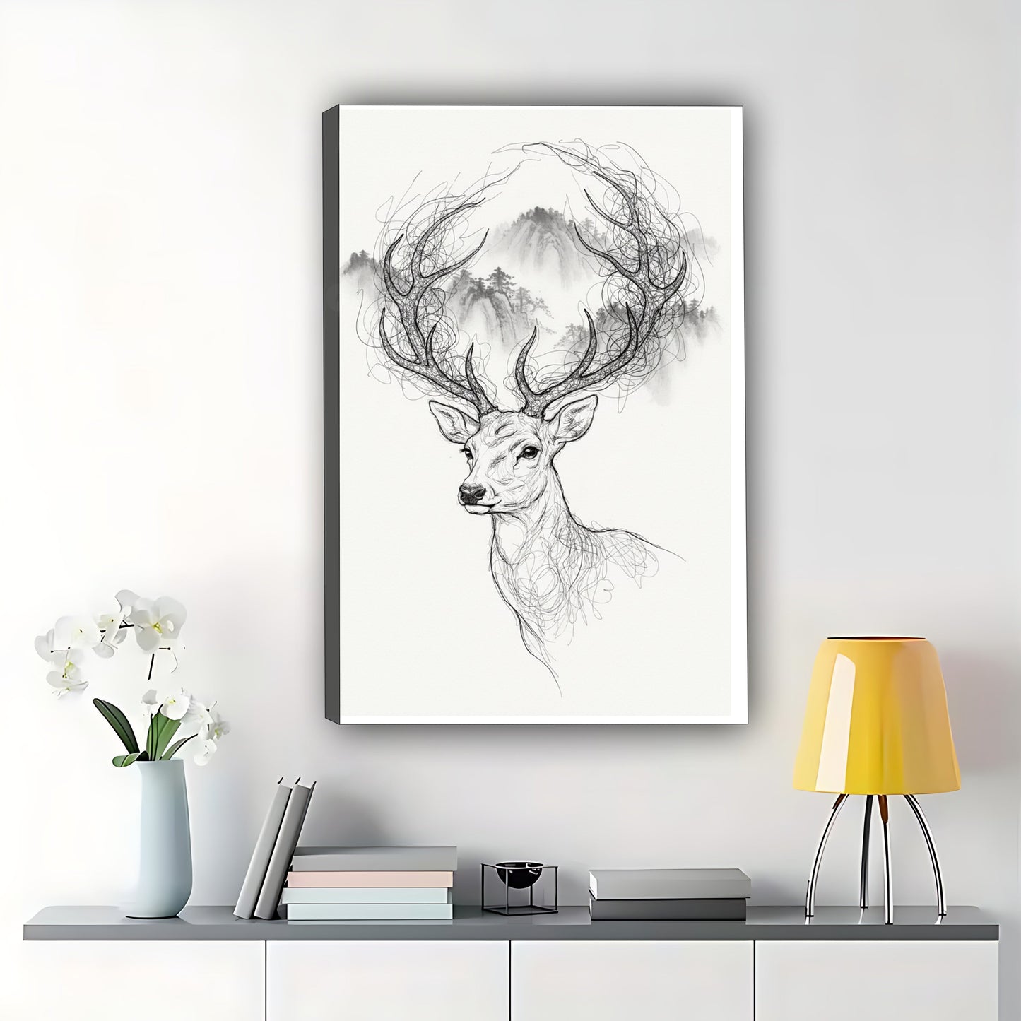 The Ink-Wash Style Elk – Elegant Nature Wall Art on Natural Wood Canvas