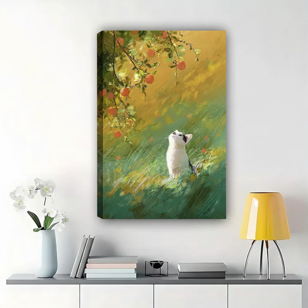 Black & White Cats with Floral Wall Art – Charming Vintage Cat Canvas Print on Natural Wood Frame