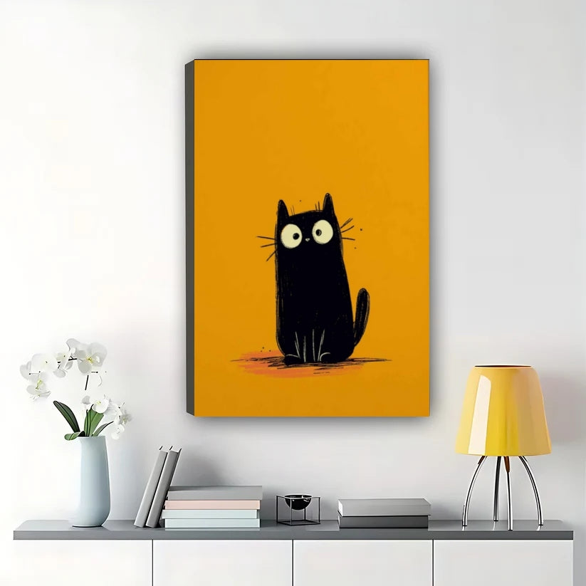 Big-Eyed Black Cat on Orange Background – Minimalist Mid-Century Wall Art on Natural Wood Canvas