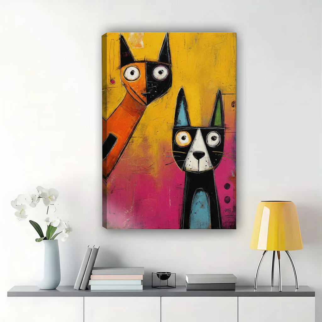 Abstract Two Cats Wall Art – Bold Pop Art Canvas Print on Natural Wood Frame