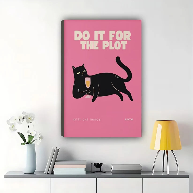 “Do It For The Plot” Retro Black Cat – Bold Pink Feminist Wall Art on Natural Wood Canvas