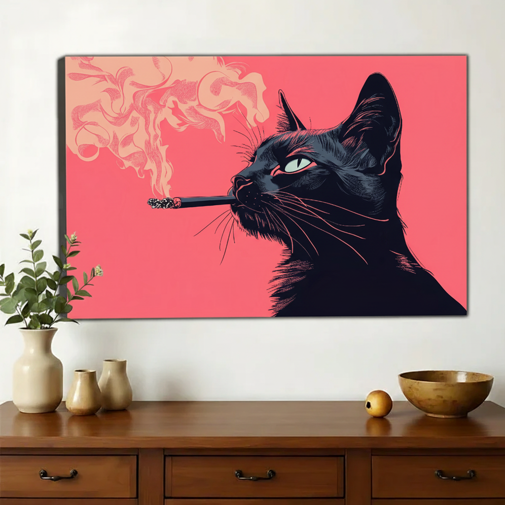 Smoking Black Cat Wall Art – Bold Pink Pop Art Canvas Print on Natural Wood Frame